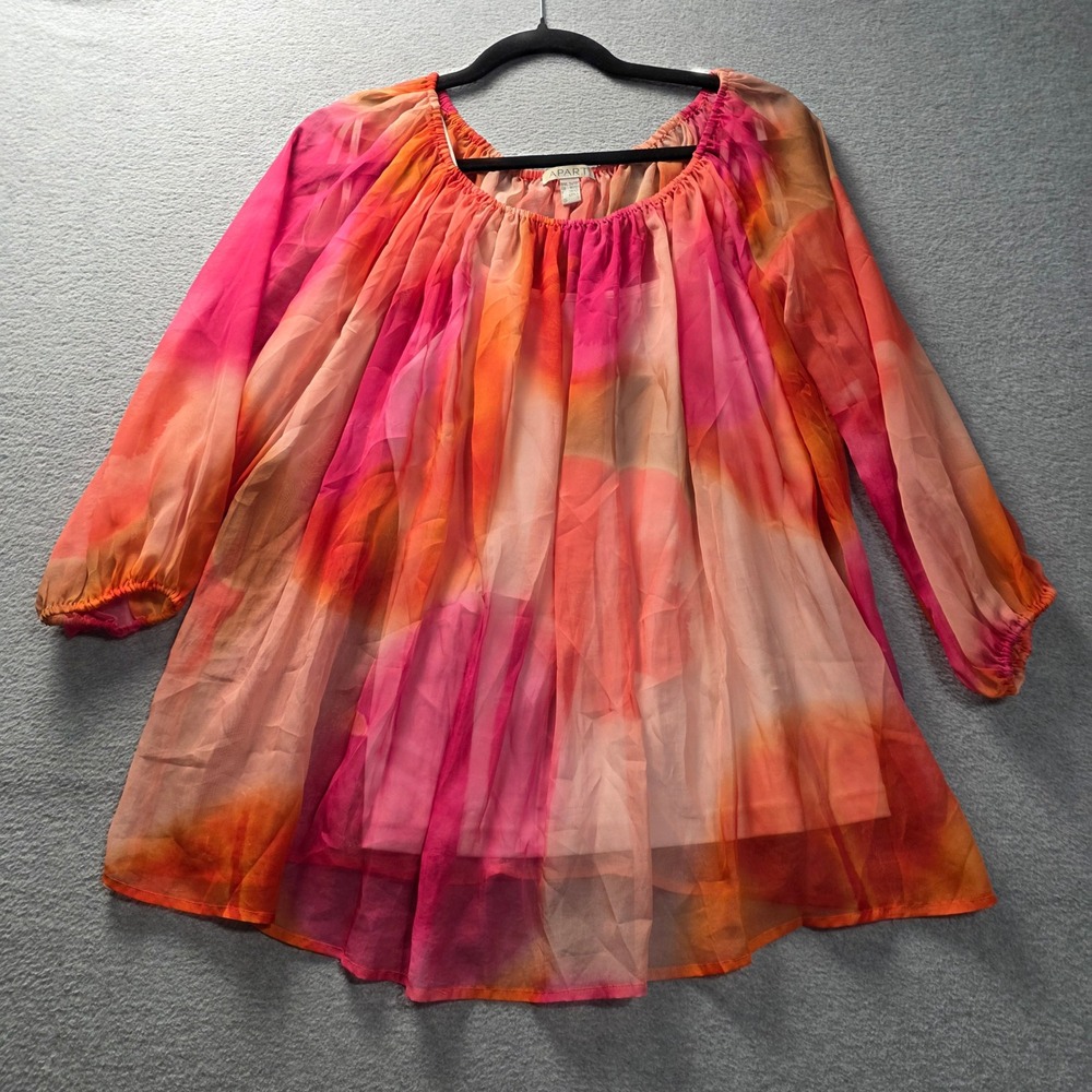 APART Peasant Tunic Blouse Womens 8 Pink Orange Watercolor Sheer Chiffon Flowy